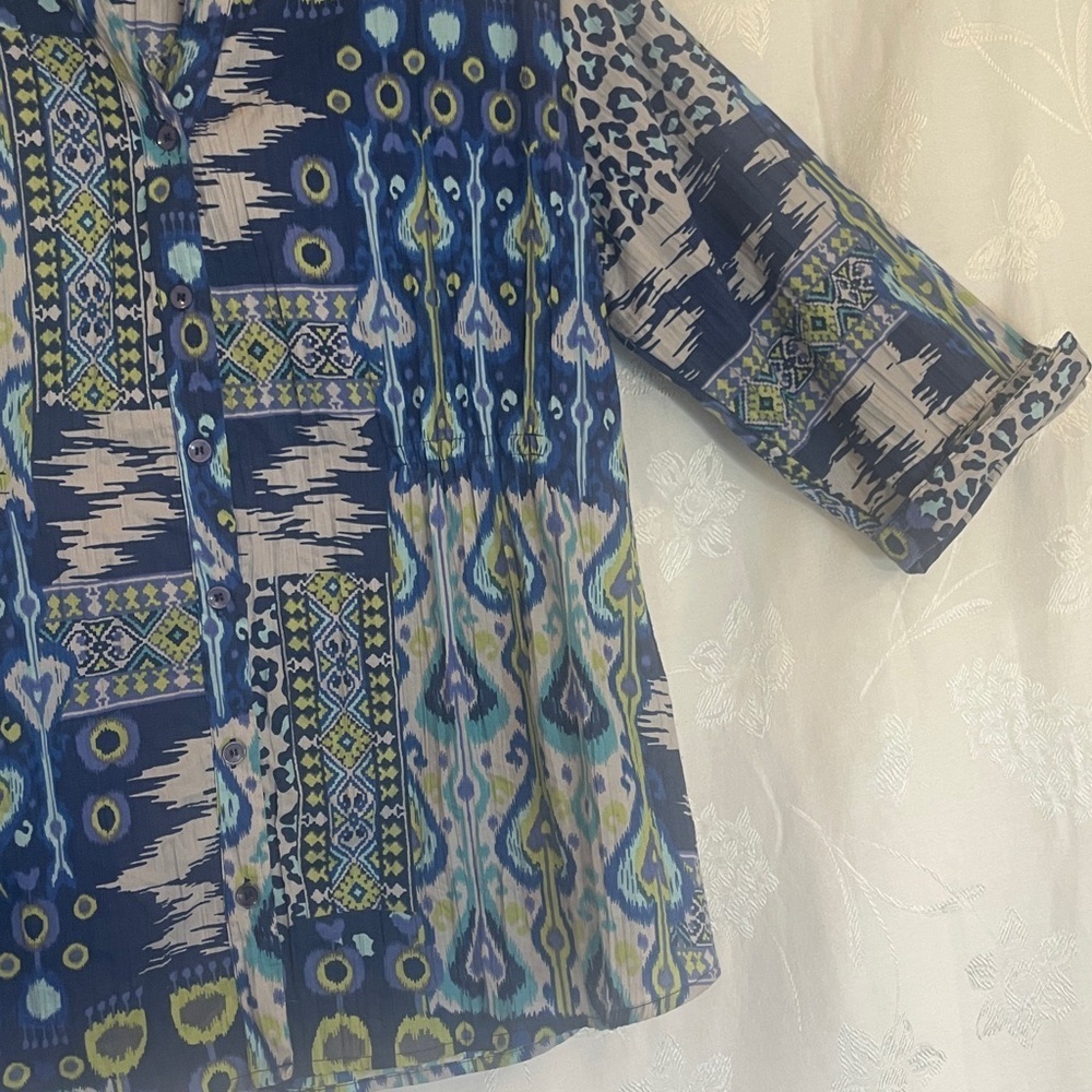 LEMON GRASS WOMAN 2X Blue and Green Button Down Blouse Preworn Great Condition - Picture 10 of 15